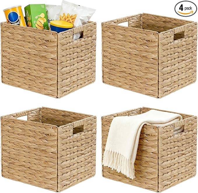 Rectangular Storage Baskets 13x11in, 4 Pack Water Hyacinth Wicker Bins with Handles, Foldable Natural Organizer for Shelves Kitchen Closet, Handwoven Storage Cubes by WEAVELYRICS