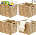 Rectangular Storage Baskets 13x11in, 4 Pack Water Hyacinth Wicker Bins with Handles, Foldable Natural Organizer for Shelves Kitchen Closet, Handwoven Storage Cubes by WEAVELYRICS