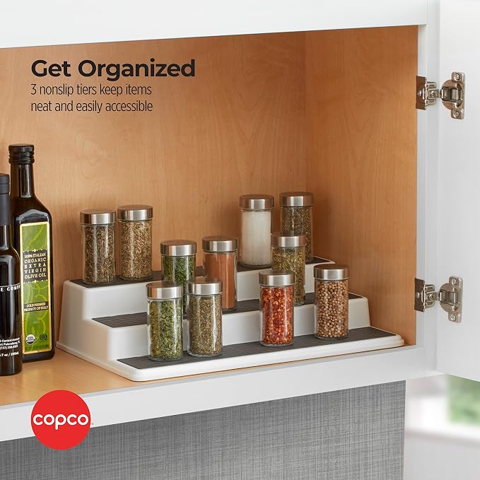 Copco 3-Tier Spice Rack Organizer for Cabinet - 15 Inch Non-Skid Pantry Organizer and Storage Shelf for Spices, Canned Goods, Seasonings - White and Gray Kitchen Cabinet Organizer - Image 4