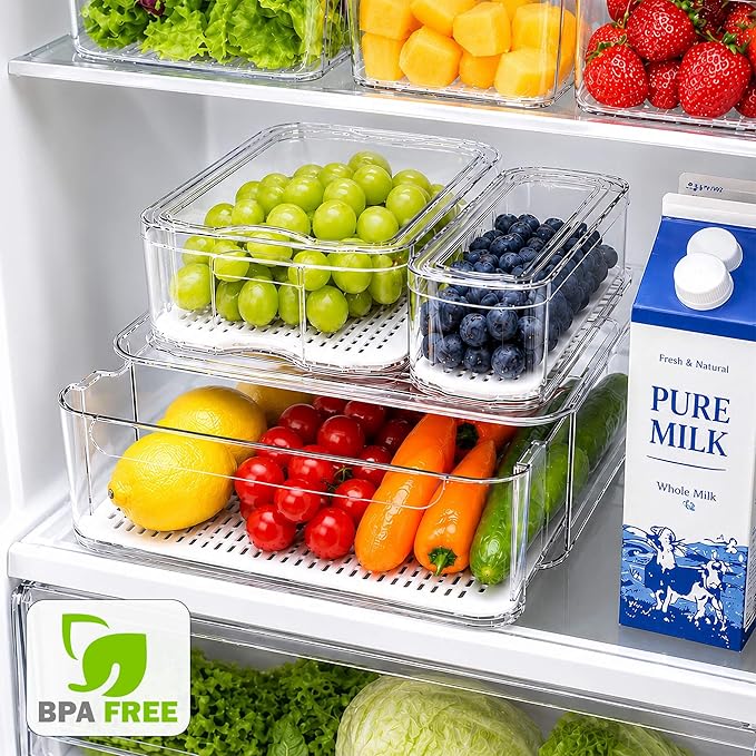 SMRCAD 8 Pack Clear Fridge Organizer Bins with Drain Trays - Stackable | BPA-Free PET, 8 Pack: 1 Drawer + 7 lidded Bins, Helps Keep Produce Fresh, 18.3L Capacity, Hand Wash Only - Image 5