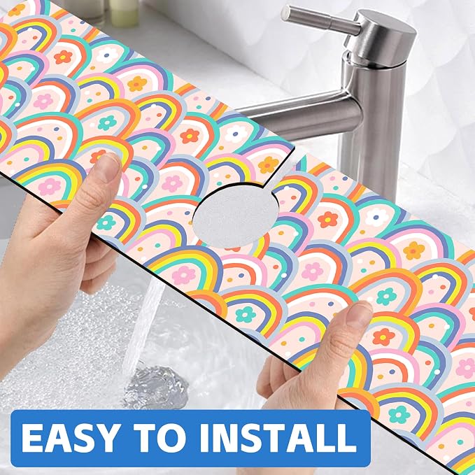 Boho Rainbow Hippie Floral Kitchen Sink Splash Guard Mat Absorbent Fast Drying Mat Faucet Draining Mat Sink Splash Guard Behind Faucet Drip Catcher for Kitchen Bathroom 5.5"×24" - Image 6