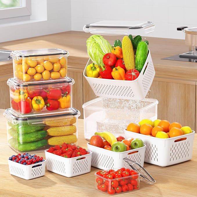 8-Pack Fruit Storage Containers for Fridge, Leakproof Fruit Containers for Fridge with Colanders, BPA-Free Produce Storage Containers with Lids Keep Fruits, Vegetables, Berry, Meat Fresh longer - Image 7