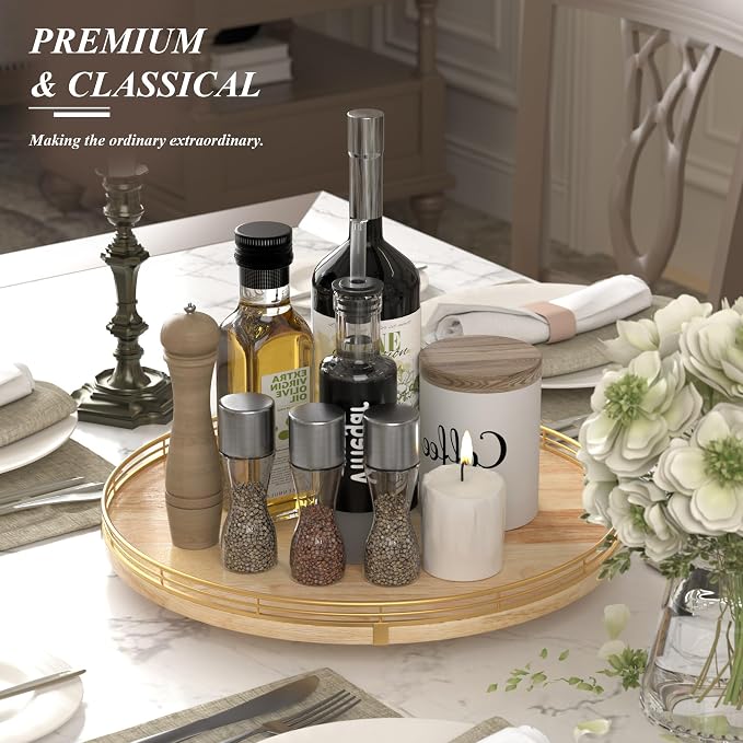 AMH16-Inch Rustic Lazy Susan with Solid Oak Base and Black Iron Rail | Smooth rotating oak tray with walnut finish for dining tables, kitchen counters, pantries and cabinet storage. - Image 3