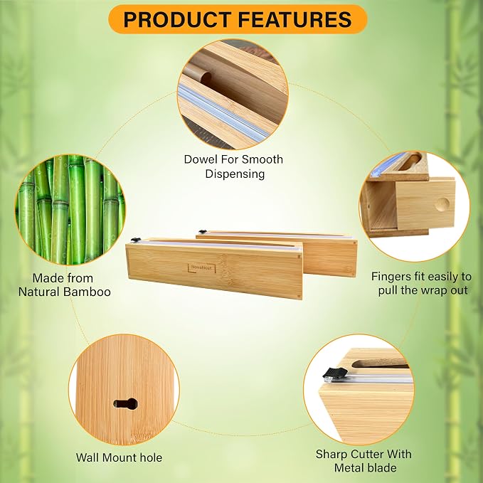 Wrap Organizer Dispenser with Cutter, (2 Piece Set), Fits 12" Rolls, Plastic Wrap, Aluminum Foil, Wax Paper, Saran Wrap, Cling Wrap Holder for Kitchen Storage, Mountable, Bamboo - Image 6
