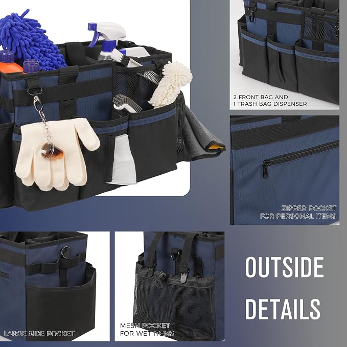 SCAVATA Wearable Cleaning Caddy, Cleaning Caddy Supplies Organizer with Handle & Shoulder Straps for Housekeepers, Under Sink & Car Cleaning Tool Organizers Bag with 4 Foldable Divider (NavyBlue) - Image 3