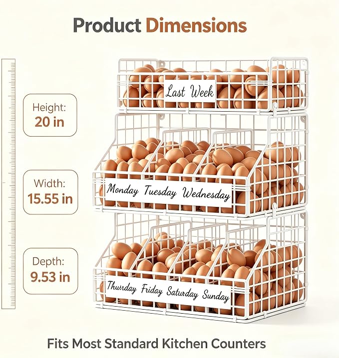 Egg Holder Countertop, Large 3T Chicken Egg Basket for Gathering Fresh Eggs | Egg Storage Organizer with Adjustable 5 Divider & Label, Stackable Wall Mounted Egg Collecting Basket Rack, XXL White - Image 2