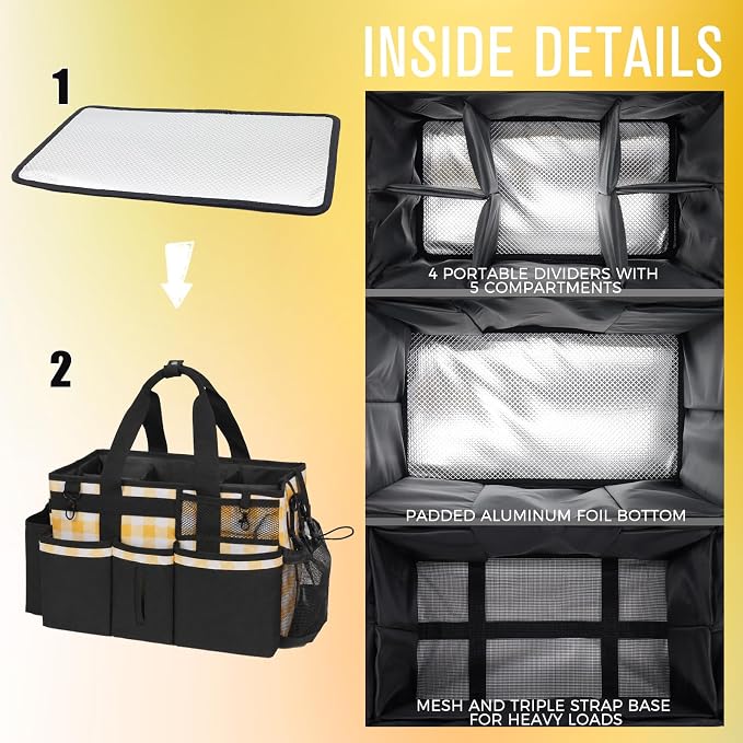 SCAVATA Wearable Cleaning Caddy, Cleaning Caddy Supplies Organizer with Handle & Shoulder Straps for Housekeepers, Under Sink & Car Cleaning Tool Organizers Bag with 4 Foldable Divider (YellowPlaid) - Image 4