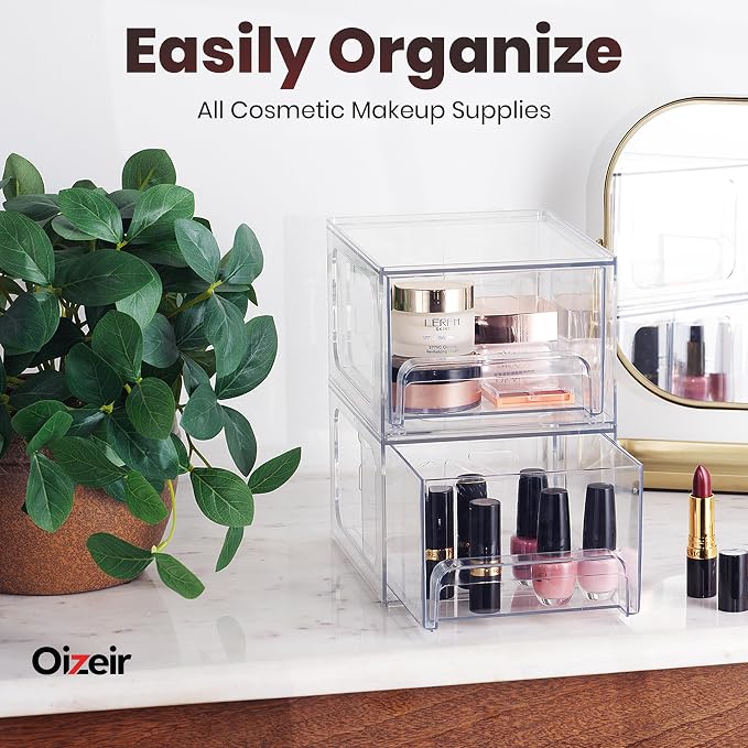 Oizeir Acrylic Drawer Organizer 2-Pack – Clear Stackable Storage Drawers for Makeup, Skincare, Vanity, Bathroom, Under Sink, Kitchen & Office – Non-Slip, Durable, Multi-Purpose Organizer Bins - Image 6