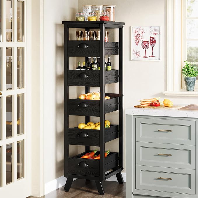 Tribesigns Black Wood Fruit and Vegetable Storage Rack, 5-Tier Narrow Snack Stand Kitchen Stand Fruit Basket, Pull-Out Utility Organizer for Kitchen, Living Room by Unknown