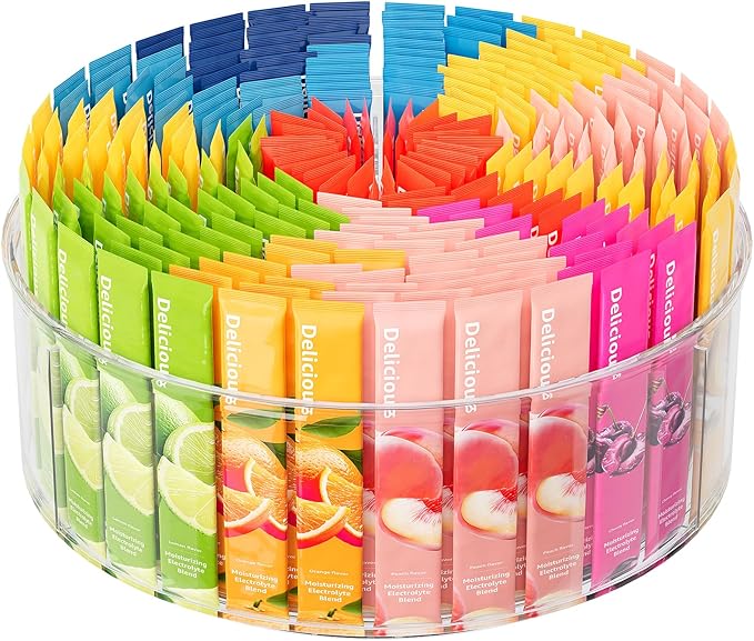 Divided Drink Packet Organizer, Largr Rotating Clear Lazy Susan Turntable | for Powdered Drink Mix, Water Drink Packet Holder, Water Flavor Packet, Coffee, Tea – Space-Saving Countertop Organizer by SlowSLog
