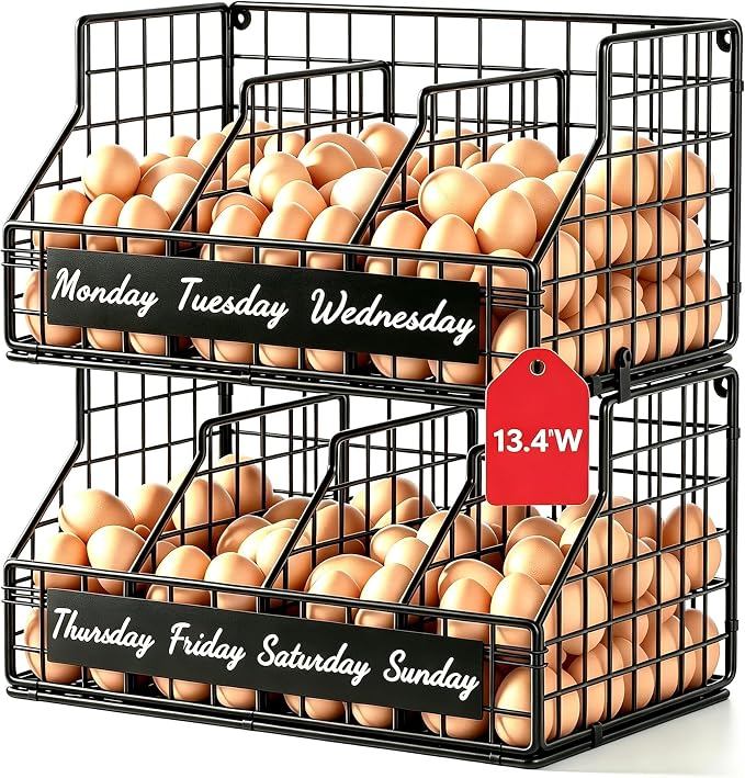 Egg Holder Countertop, 2 Tier Chicken Egg Basket for Gathering Fresh Eggs | Egg Storage Organizer with Adjustable 5 Dividers & Label, Stackable Wall Mounted Egg Collecting Basket Rack, Black by FURMORENE