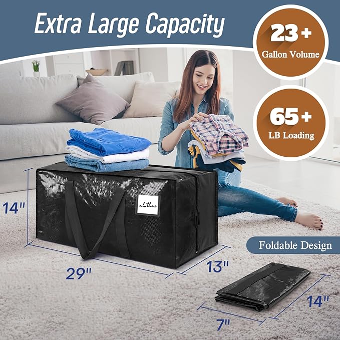 12 Pack Extra Heavy Duty Large Moving Bags with Strong Zipper, Black | Comfortable Handles, Sturdy & Durable Clothes Storage Bags Totes Bins, Blue Packing Moving Boxes for College Supplies - Image 3