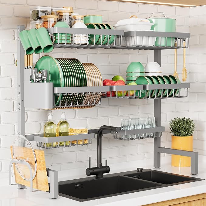 Kitsure Adjustable Over The Sink Dish Drying Rack, 31.5" -39.4" x 30.3" | Sink Drying Rack for Kitchen Sink, Dish Rack Over Sink with Cutlery & Utensil Holders, Kitchen Storage, Grey by Kitsure