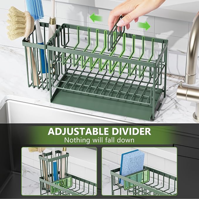Cisily Sage Green 2-Tier Kitchen Sink Caddy Organzier Rack with Flexible Dish Brush Holder, Sponge Holder for Kitchen Sink Countertop Organization Storage, Home Decor - Image 6