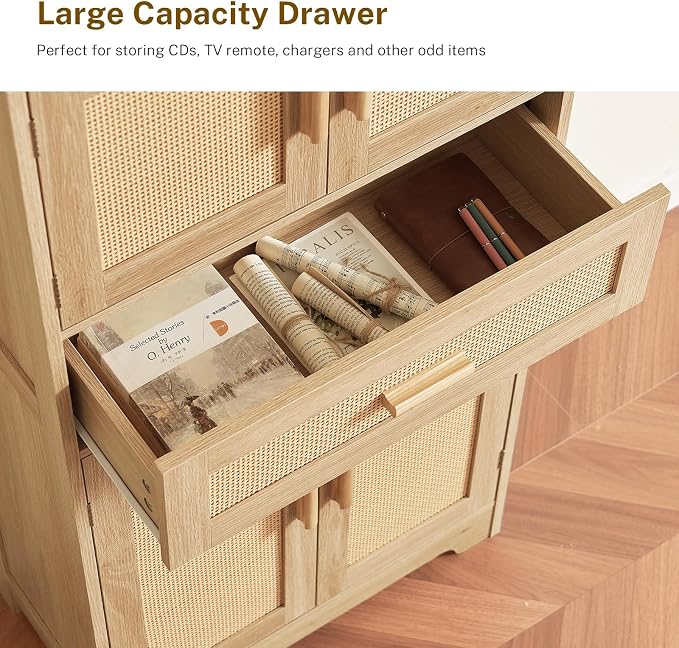 47.2" H Tall Storage Cabinet with Adjustable Shelf, Rattan Cabinet, Cupboard for Living Room, Dining Room, Entryway, Home Office, Natural - Image 6