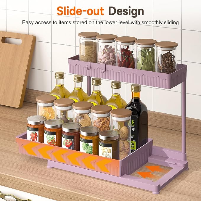 3-Pack 2-Tier L-Shaped Under Sink Organizers with Sliding Drawers | Multi-use kitchen & bathroom storage, 14.85 inch pink cabinet organizer, space-saving sliding drawer design. - Image 3