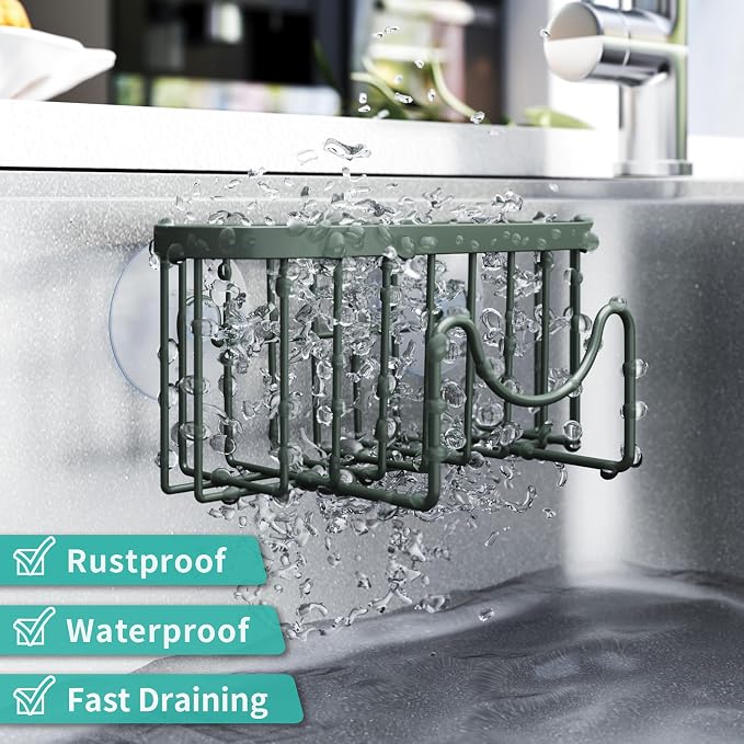 HapiRm Sponge Holder for Kitchen Sink - Sink Caddy with Unique M-Shaped, 2 Installation Methods Kitchen Organizer, Rustproof Stainless Steel Sponge Caddy - Green - Image 4