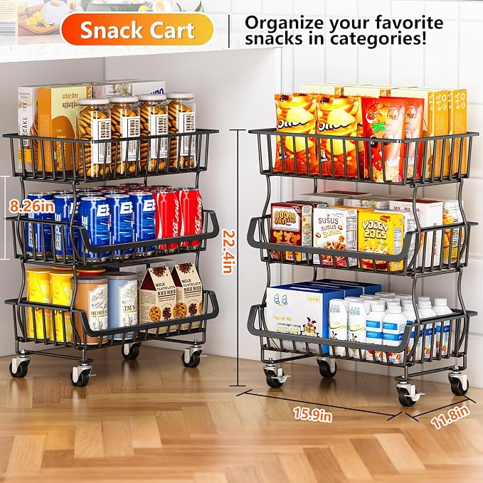 Gsiekare 3-Tier Rolling Pantry Organizer and Storage Cart with Wheels | Stackable wire pantry baskets for pantry shelves, fruit basket stand, easy to move, storage rack for food snack onion potato - Image 3