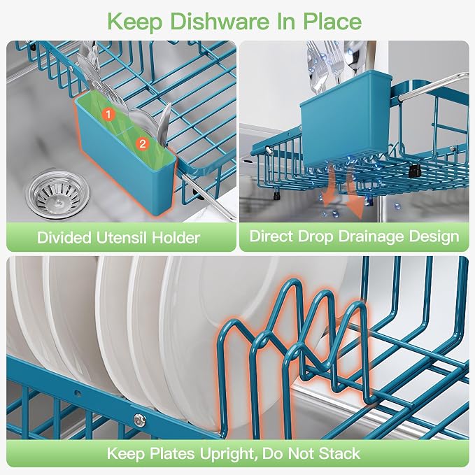 JASIWAY Blue Dish Drying Rack Over the Sink with Utensil Holder | Expandable Stainless Steel Dish Driainers for Small Kitchen, Apartment, Counter Space Saving, Fast Drain, Rust Resistant - Image 9