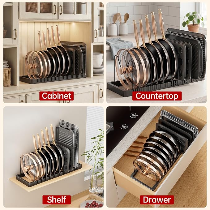 Expandable Pot and Pan Organizer with 10 Adjustable Dividers | Solid Metal Under‑Cabinet Pot Lid Organizer 14.1''‑24.8'', Lid Organizers Inside Cabinet, Fits Bakeware & Cookie Sheets - Image 7