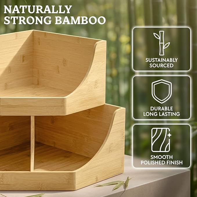 HOMESTEAD Bamboo Corner Storage Bin, 2-Tier Stackable Potato and Onion Storage Bin for Kitchen Counter Corner Shelf, Wooden Produce Storage Pantry Organizer, Fruit & Vegetable Holder, Large - Image 6