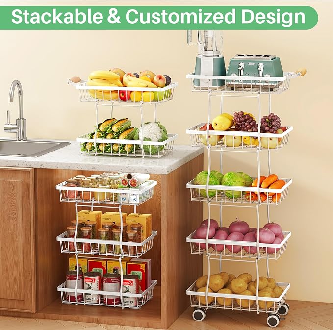 SAYZH 5-Tier Fruit Basket Stand with Vegetable Baskets for Kitchen, White | Stackable Metal Wire Basket, Sturdy Rolling Storage Carts for Kitchen, Pantry Organizer, Snack and Jar Storage - Image 3