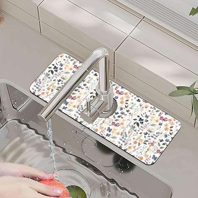 Kitchen Faucet Mat Watercolor Multicolor Botanical Plants Sink Splash Guard Behind Faucet Draining Mat Kitchen Accessories Non-slip Easy to Clean for Bathroom & Kitchen 15"X5.5" - Image 6