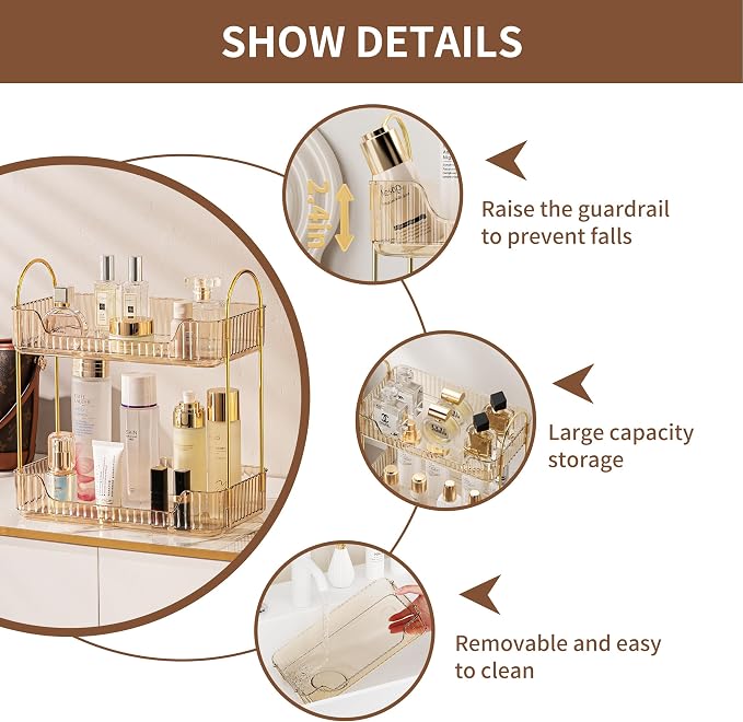 Akinbas 2 Tier Bathroom Organizer Countertop Makeup Perfume Tray Skincare Organizer for Bathroom Dresser Vanity (Gold) - Image 3