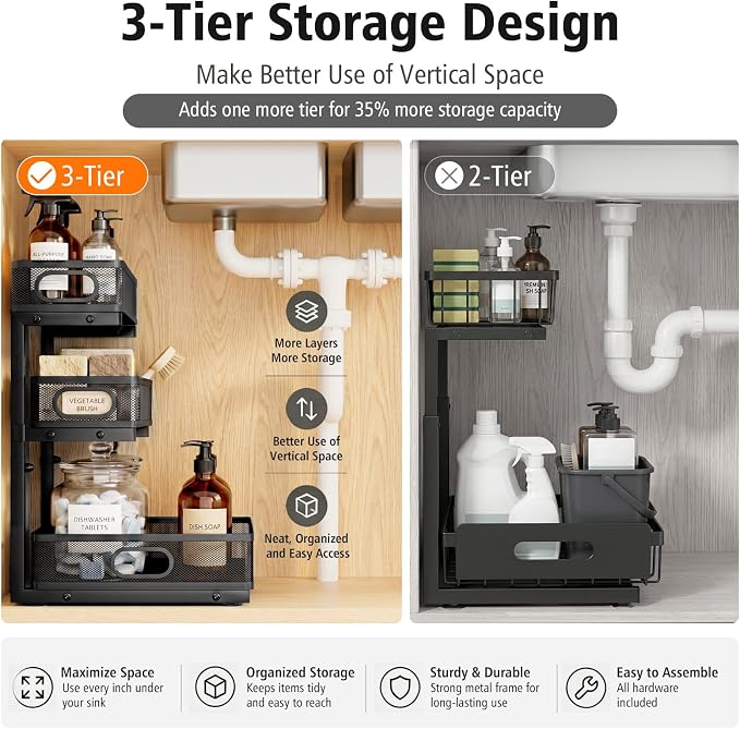 Under Sink Organizer, 3 Tier Pull Out Cabinet Organizer with 5 Adjustable Heights, Metal Under Sink Storage with Sliding Drawers for Kitchen, Bathroom, Pantry and Laundry Room, 2-Pack Black - Image 4
