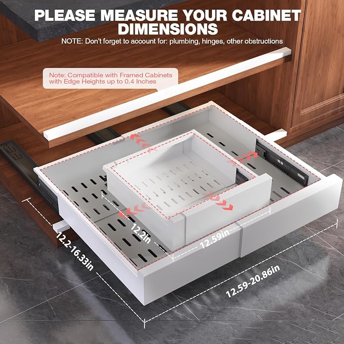 Seinloes Pull Out Cabinet Organizer,4-Side Expandable to Maximize Cabinet Space,Slide Out Drawers with 3 Rail Design,Roll Out Shelf with Raising Pad for Framed Cabinet,13"-21"W x 13"-17"D,White,2 Pack - Image 6