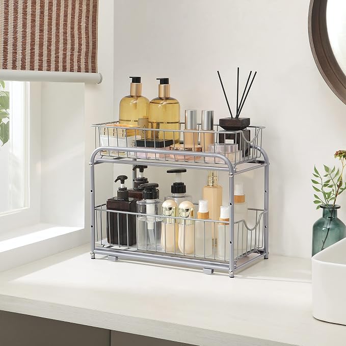 SONGMICS 2-Tier Pull Out Cabinet Organizers, Under Sink Organizer, Bathroom Organizer and Storage, Sliding Basket Drawers, Stackable for Kitchen, Bathroom, Metallic Silver UKCS017E01 | Gondola Shelving for Kitchen and Bathroom, Silver, PATALLA Collecti... - Image 4
