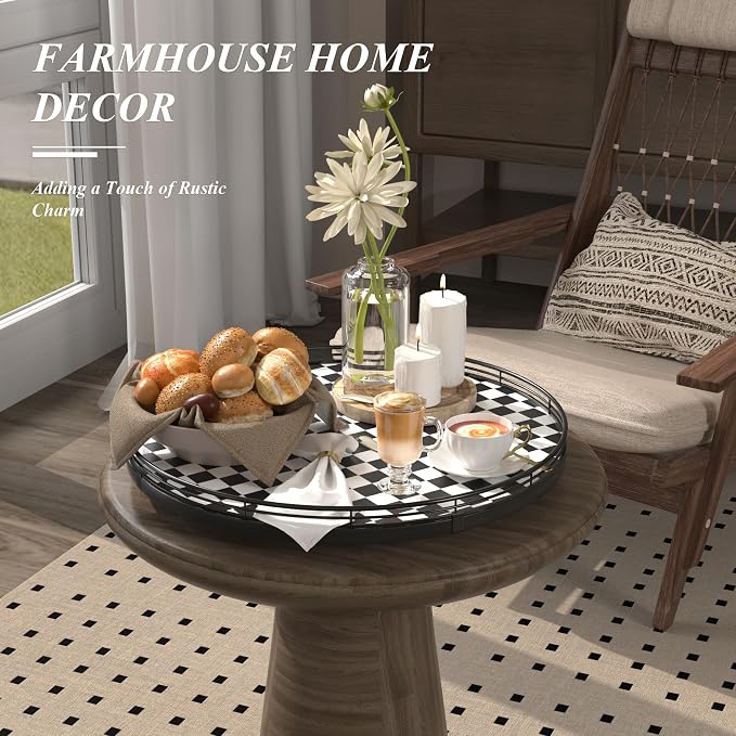AMH 16-Inch Black and White Checkerboard Lazy Susan Decorative Tray | Smooth rotating oak tray with walnut finish for dining tables, kitchen counters, pantries and cabinet storage. - Image 4