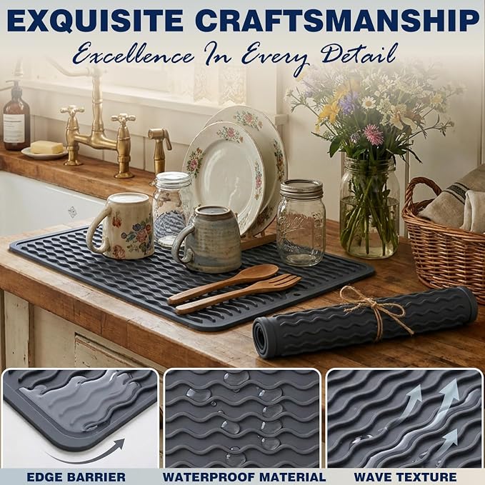 2 Pack Caketime Silicone Dish Drying Mat for Kitchen Counter Dining Placemats Shower Caddy Refrigerator Liners Essentials Heat Resistant Waterproof Trivets Pad Coffee Bar Items 15"x11.5" Milk - Image 5
