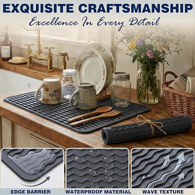 2 Pack Caketime Silicone Dish Drying Mat for Kitchen Counter Cooking Baking Under Sink Protector Espresso Machine Accessories Stone Rack Trays Drain Extra Large 24"x18" - Image 2