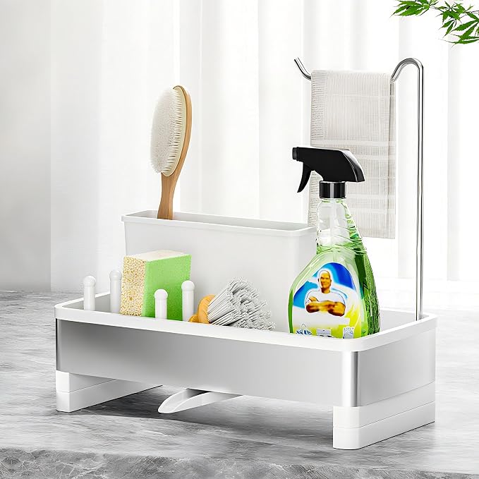 Ewaiira Sponge Holder for Kitchen Sink, Stainless Steel Sink Caddy | with Brush Holder & Dishcloth Rack, Countertop Sink Organizer, Soap Dispenser Kitchen Organizers Storage (E-White 9.8″) by EwaiiraHomeStorageOrganizer