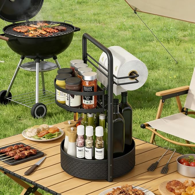 Rotating Spice Rack with Paper Towel Holder, Black | 2 Tier Turntable Lazy Susan, Durable Iron, Seasoning Organizer, For Kitchen Countertop - Image 8