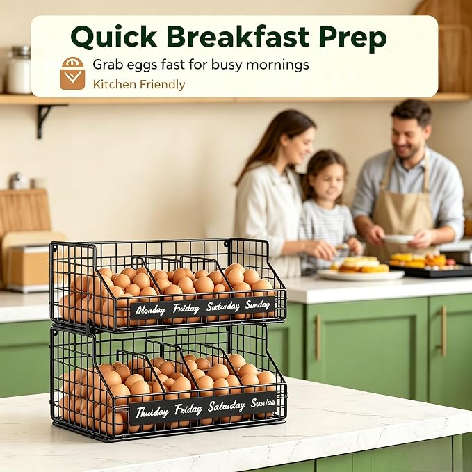 Egg Holder Countertop, Large 2T Chicken Egg Basket for Gathering Fresh Eggs | Egg Storage Organizer with Adjustable 5 Divider & Label, Stackable Wall Mounted Egg Collecting Basket Rack, XXL Black - Image 3