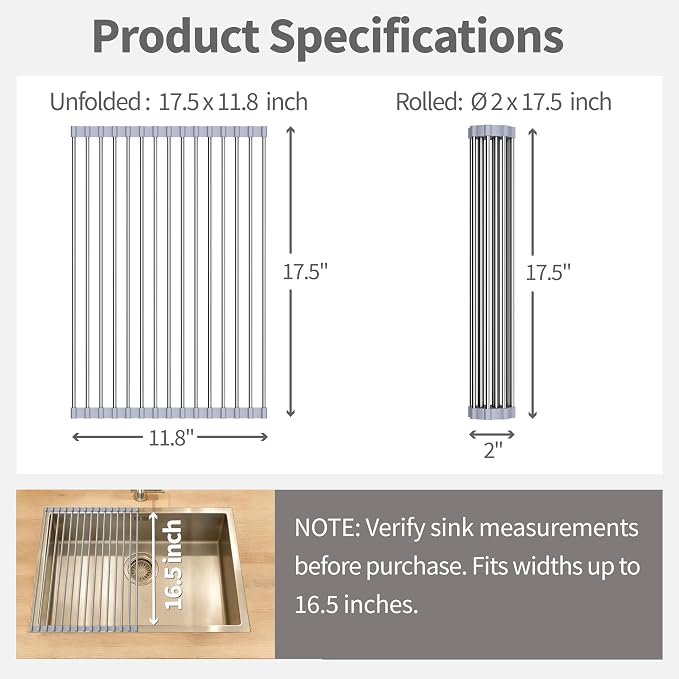 Roll Up Dish Drying Rack for Over Sink -17.5"x11.8" Foldable Stainless Steel Kitchen Drainer，Gray - Image 3