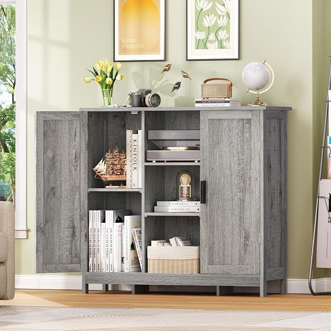 Iwell Storage Cabinet with 2 Doors and 4 Adjustable Shelves, Buffet Cabinet with Storage, Floor Cabinet for Living Room, Entryway, Kitchen, Rustic Gray - Image 2