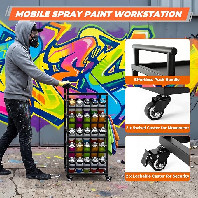 Sidasu Spray Can Organizer,Rolling Cart Garage Spray Paint Storage Rack | 50-Can Capacity, Double-Sided Storage, Locking Casters, Powder-Coated Steel, Tool Tray With 6 Hooks, Garage and Workshop Use - Image 4