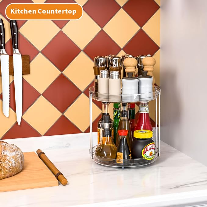 2 Tier Lazy Susan Turntable for Cabinet,Countertop,Pantry,9.5"W Spinning Seasoning Organizer,Double Rotating Kitchen Spice Rack Organizer and Condiments,Medicine,Vitamin Bottle Organizer Carousels,1Pc - Image 4