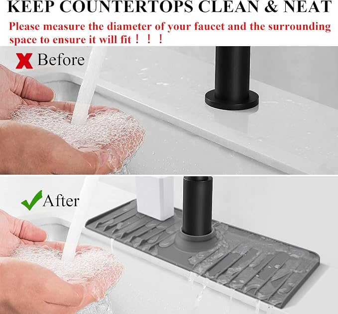 YATOISUR Sink Splash Guard 14.4” x 5.4” - Sink Faucet Mat with Faucet Water Catcher Mat & Soap Dish & Sponge Holder 3 in 1 - Silicone Faucet Handle Drip Catcher Tray for Kitchen RV & Bar Faucet, Grey - Image 3