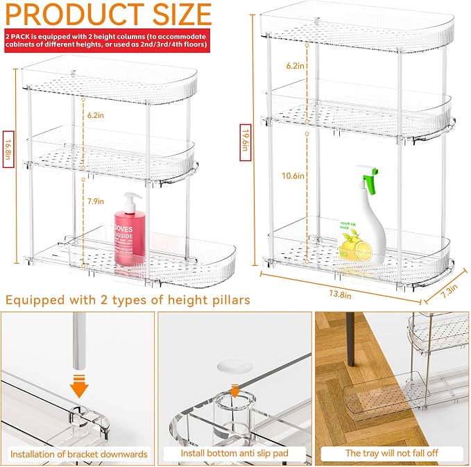 2 Pack 13.8″ Deep 3 Tier Under Sink Storage Organizer,Large Pull Out Bathroom Organizers and Storage,Slide Out Acrylic Undersink Storage Shelf,Kitchen Under Sink Organizer for Cleaning Products - Image 3