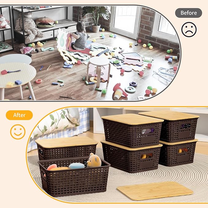 6 Pack Plastic Storage Baskets,Brown bamboo lid storage Box | Labels, Stackable, For Organizing Shelves Pantry Drawers Desktop Closets Organizing Desktop Closet Playroom Classroom - Image 5