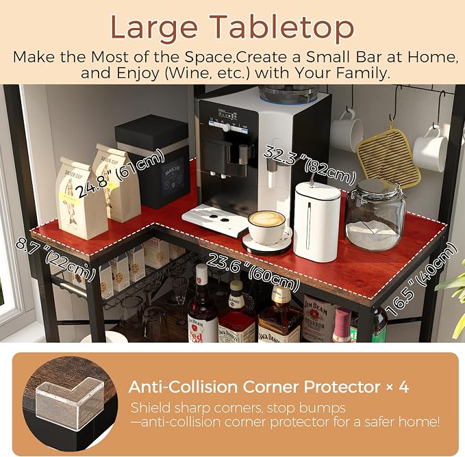 4-Tier L-Shaped Baker's Rack with Power Outlet, Corner Coffee Bar, Brown | Kitchen Appliance Storage, Pull Out Basket, 6 Hooks and Flexible Installation Options for Kitchen, Balcony, Living Room - Image 8