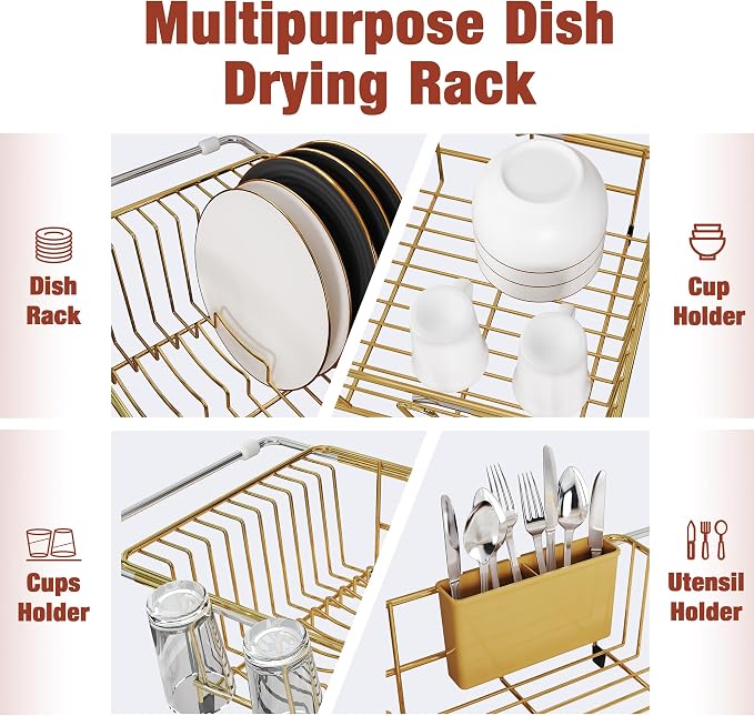 JASIWAY Gold Dish Drying Rack in Sink with Mat, Cups and Utensil Holder | Use Over the Sink or Counter, Stainless Steel Expandable Dish Drainer for Small Kitchen, Space Saving, Fast Drain, Rustproof - Image 8