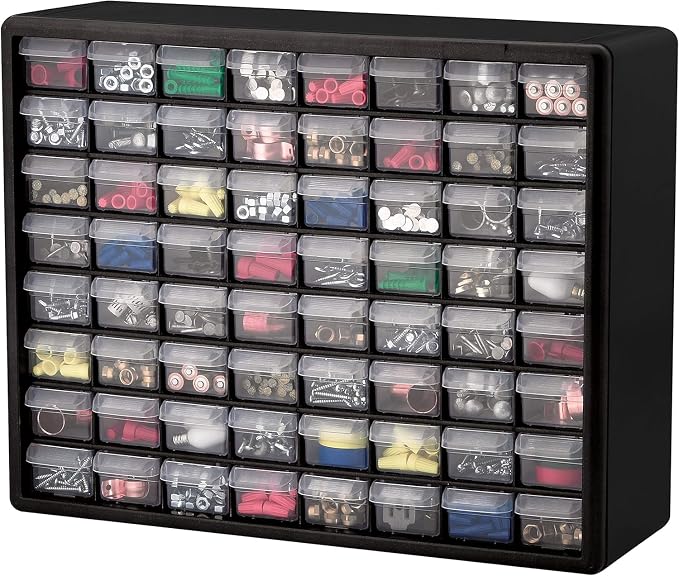 Akro-Mils 64-Drawer Plastic Storage Cabinet, 20" W x 6" D x 16" H, Black | Plastic Cabinet w/ Drawers for Garage Organization, Beads, Building Bricks Storage, Teacher Toolbox, Makeup Organizer, 10164 - Image 10