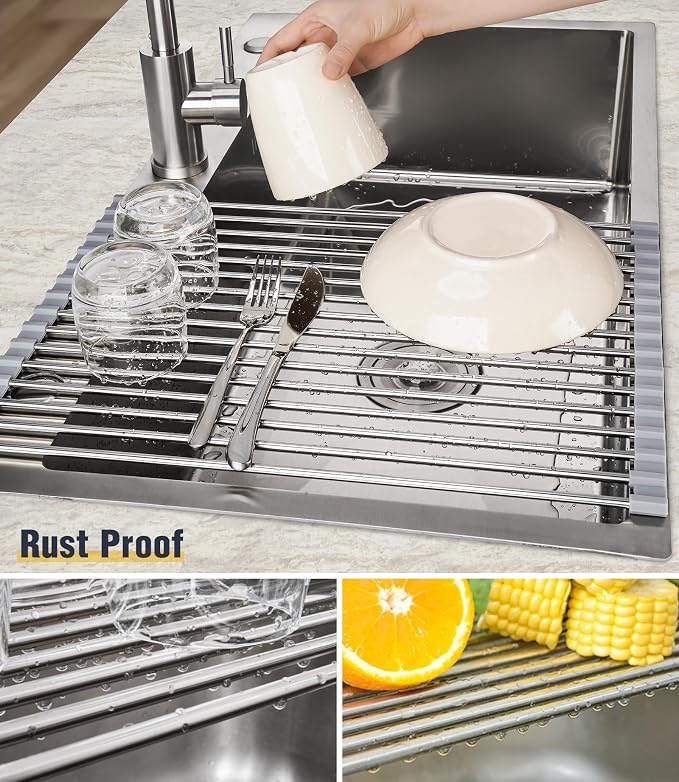 Tomorotec Roll Up Dish Drying Rack Over Sink, 304 Steel, 17.7x12.5, Grey | Anti-Slip Silicone Rims For Grip, Heat-Resistant Trivet Mat Holding Heavy Cookware, Rustproof Kitchen Counter Space Saver - Image 2