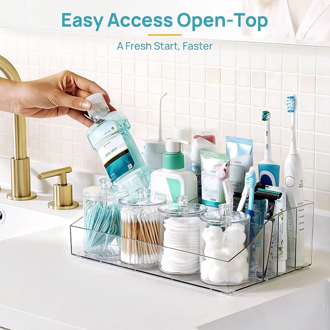 Vtopmart 5 PCS Bathroom Countertop Organizer Sets | 1 Divided Tray, 4 Qtip Holder Jars, Clear, For Toothbrush, Cotton Pads, for bathroom countertop - Image 5