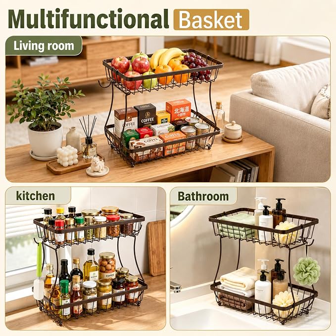 2-Tier Fruit Basket for Kitchen Counter with 2 Banana Hangers | Large Metal Fruit Bowl, Versatile Holder for Veggies, Produce Storage, 12.5"×7.5"×12"-Bronze - Image 7